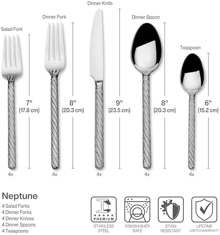 Wallace Neptune Silverware Set 20 Piece, Forged 18/0 Stainless Steel