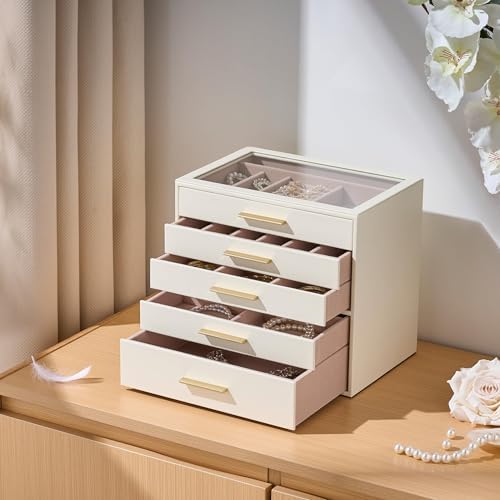 Jewelry Box Organizer Storage Case, 5-Layer with Glass Window, White