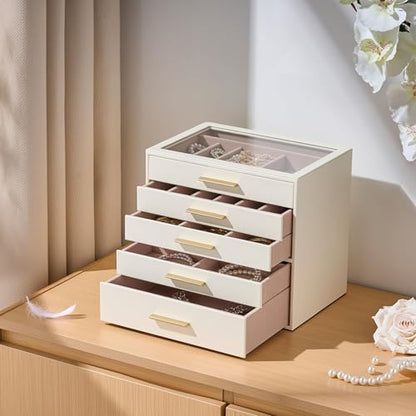 Jewelry Box Organizer Storage Case, 5-Layer with Glass Window, White