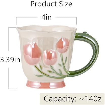 14oz 3D Embossed Floral Ceramic Coffee Mug with Matching Spoon & Gift