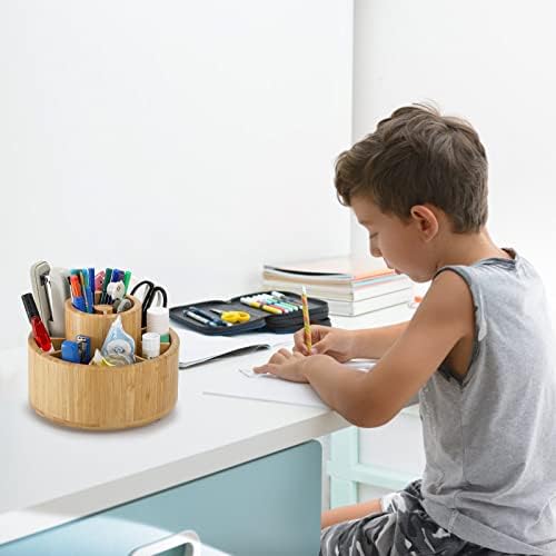 SOUJOY Bamboo Pen Holder Organizer, 360°Rotating Art Supply Organizer