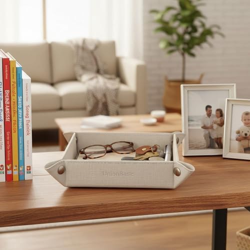 UnionBasic Faux Leather Valet Tray, Jewelry Catchall Tray, Beige