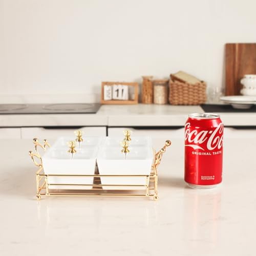 YA JU Ceramic Bowls and with Lid Gold Basket Trays, 4 Removable Small