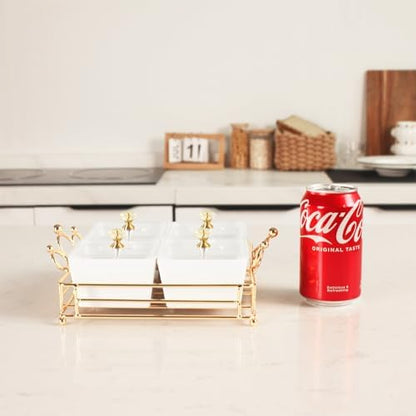 YA JU Ceramic Bowls and with Lid Gold Basket Trays, 4 Removable Small