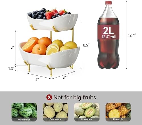 Ceramic 2 Tier Fruit Bowl, Fruit Basket for Kitchen Counter, Gold
