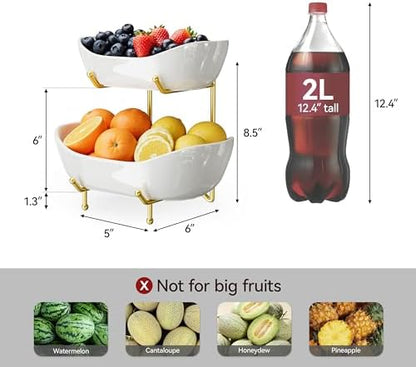 Ceramic 2 Tier Fruit Bowl, Fruit Basket for Kitchen Counter, Gold