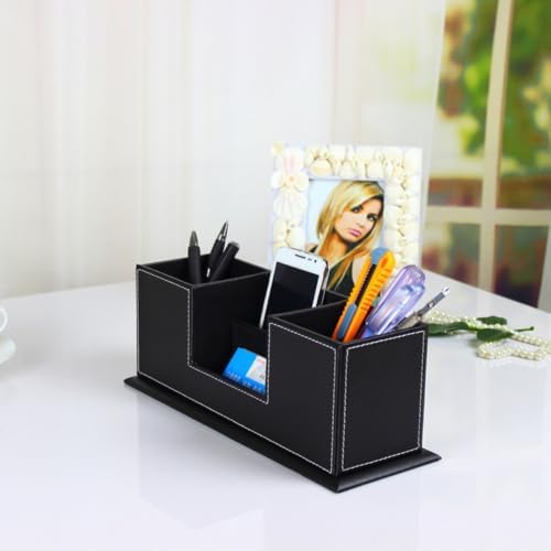 Multifunction Leather Double Pen Holder Desk Organizer with 4