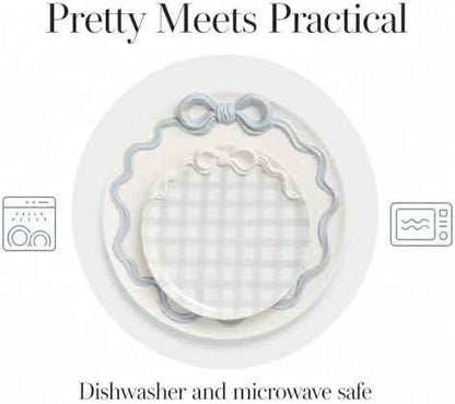 Mud Pie Bow Nested Platter Set of 2, Blue Gingham Round Serving