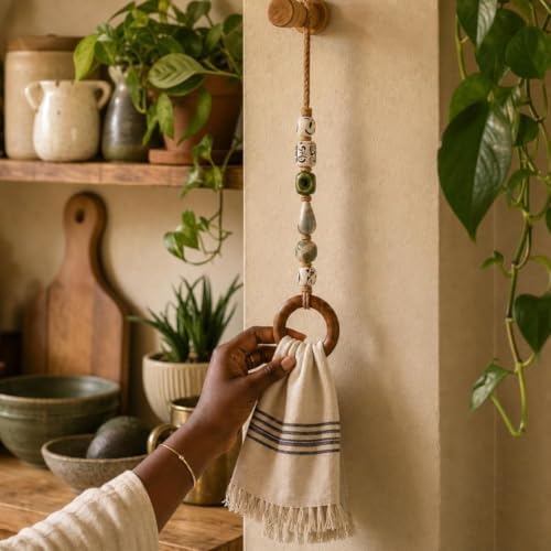 Decorative Beaded Towel Hanger with Wooden Ring - Boho Hand Towel