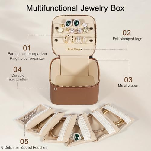 Travel Jewelry Case Organizer - Compact PU Leather Jewelry Box with 6