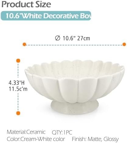 Large Fruit Bowl for Kitchen Counter-10.6" White Ceramic Fluted