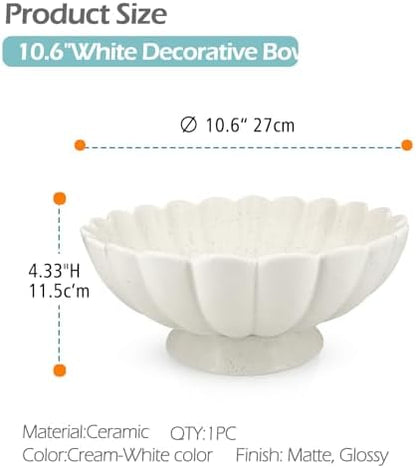 Large Fruit Bowl for Kitchen Counter-10.6" White Ceramic Fluted
