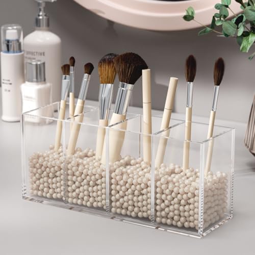 NIUBEE Acrylic Pen Holder 4 Compartments, Clear Desk Pencil Organizer