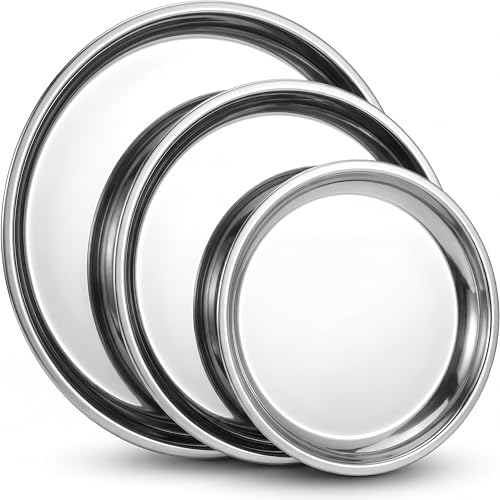 3 Pack Round Silver Trays Stainless Steel, Smooth Style