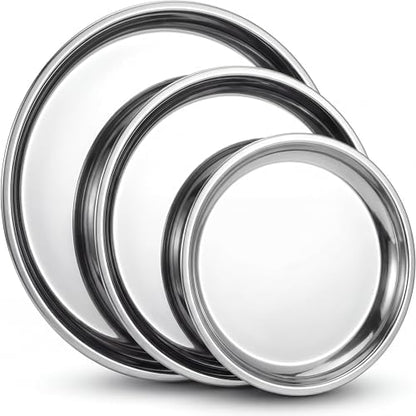 3 Pack Round Silver Trays Stainless Steel, Smooth Style