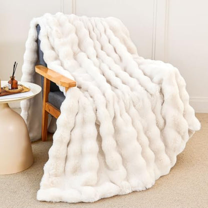 Faux Rabbit Fur Throw Blanket for Couch, Cream White Throw Blankets