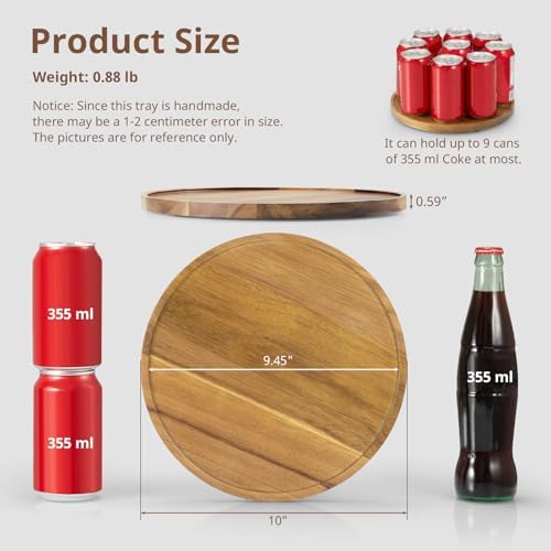 10 Inch Acacia Wood Round Tray, Wooden Decorative Coffee Table Tray