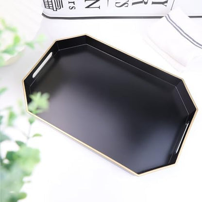 Black Decorative Tray with Handles, Octagon Versatile Serving Tray for