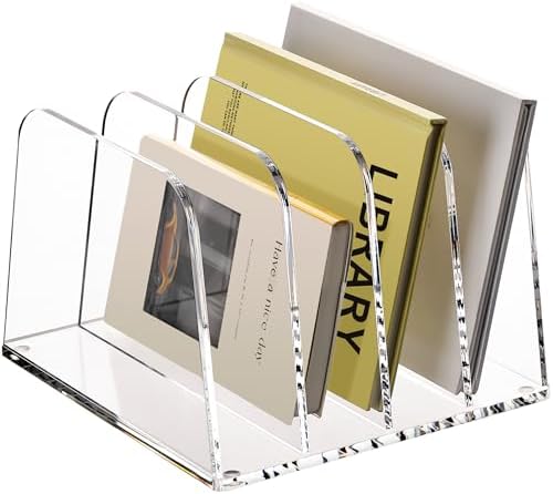 HeZone Desk File Organizer,4-Section Vertical File Folder Holder,Clear