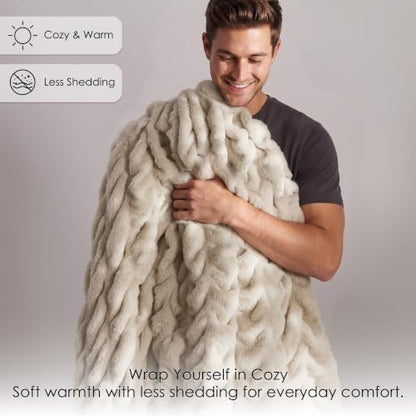 palassio Double-Sided Ruched Faux Fur Throw Blanket, Oatmeal, 50" x