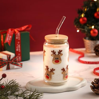 Christmas Reindeer Cup, 16oz Clear Glass Cups with Lids and Straws