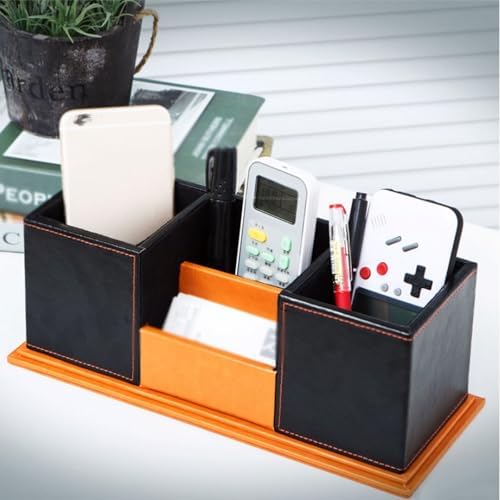 Leather Wood Pen Holder with Business Card Slot, Double-Layer Modern