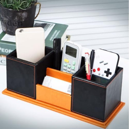 Leather Wood Pen Holder with Business Card Slot, Double-Layer Modern