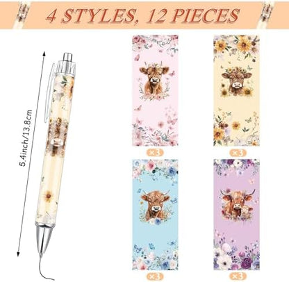 12 Pcs Highland Cow Ballpoint Pens, Cute Cow Print Retractable Click