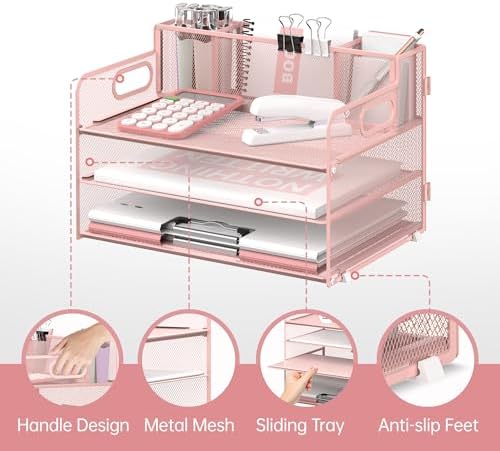 3-Tier Desk Organizer with Pen Holder and Handles, Paper Organizer