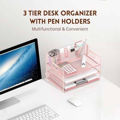 3-Tier Desk Organizer with Pen Holder and Handles, Paper Organizer