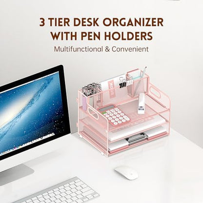 3-Tier Desk Organizer with Pen Holder and Handles, Paper Organizer