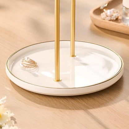 Jewelry Stand with Ceramic Tray, Necklace Holder, Gold Bar White Base