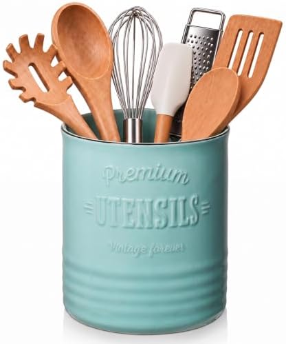 DOWAN 7.2" Large Ceramic Utensil Holder for Kitchen Counter, Turquoise