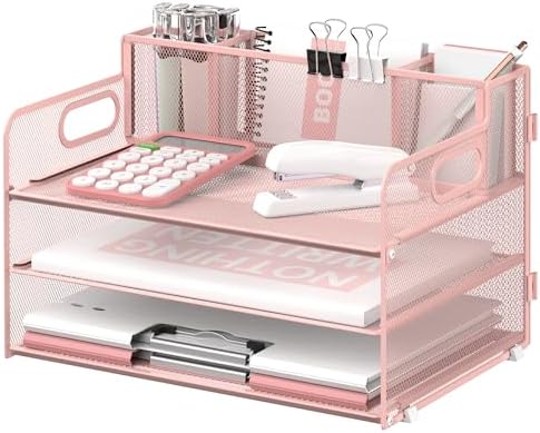 3-Tier Desk Organizer with Pen Holder and Handles, Paper Organizer