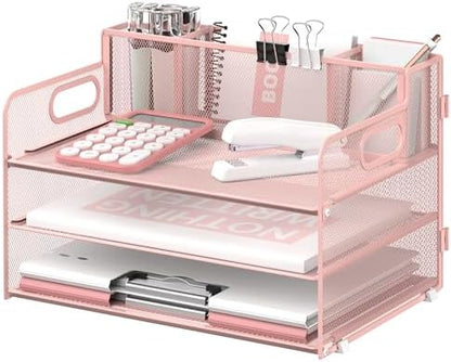 3-Tier Desk Organizer with Pen Holder and Handles, Paper Organizer