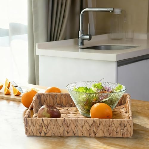2 Pack Water Hyacinth Tray with Handles, Rectangular Wicker Serving