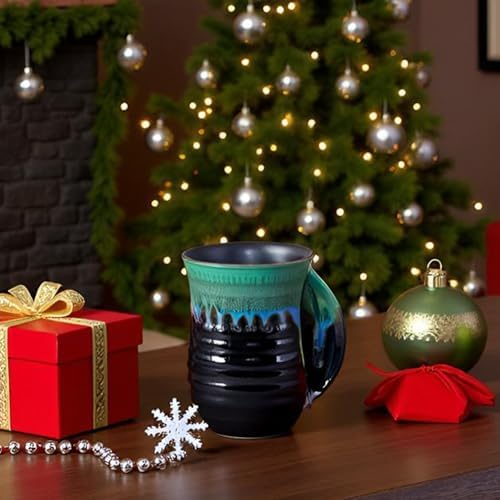 Reactive Glaze Ceramic Hand Warmer Mug, Forest Green/Black, 16 Oz