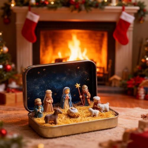 2026 New 3PCS Christmas Mini Nativity Set in a Tin Box, Nativity