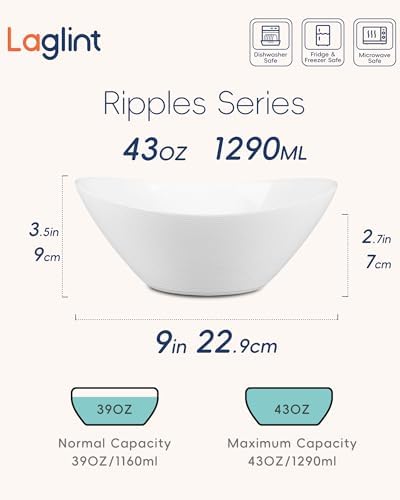 LaGlint 43 OZ Oval Serving Bowl Set of 4, 9 Inch White Opal Glass