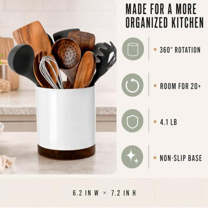 Ceramic Rotating Kitchen Utensil Holder for Countertop, 7.2'' White