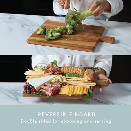 Acacia Wood Charcuterie Board with Handle, Rectangle 16.75”x11”