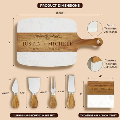 Personalized Wedding Gift for Couples - Engraved Acacia Wood & Marble