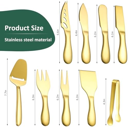 Stainless Steel Gold Cheese Tool Set - 12 Piece Cheese Knife & Cheese