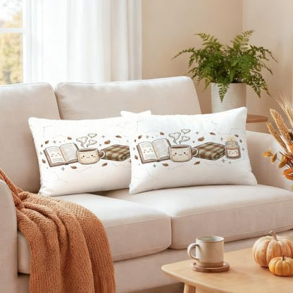 Cozy Autumn Reading Theme Book Throw Pillow Covers 12x20 Set of 2