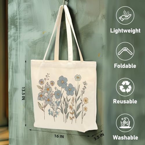 Aesthetic Floral Canvas Tote Bag for Women with Pocket, Tote Bags for