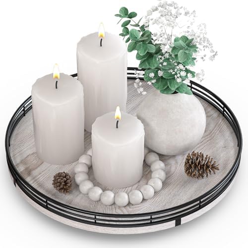AMH 12-Inch Whitewashed Farmhouse Lazy Susan Tray with Black Metal