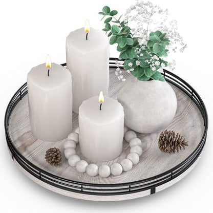 AMH 12-Inch Whitewashed Farmhouse Lazy Susan Tray with Black Metal