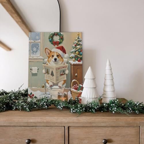 STHTTSW Christmas Dog Bathroom Wall Art, Cute Corgi on Toilet Canvas