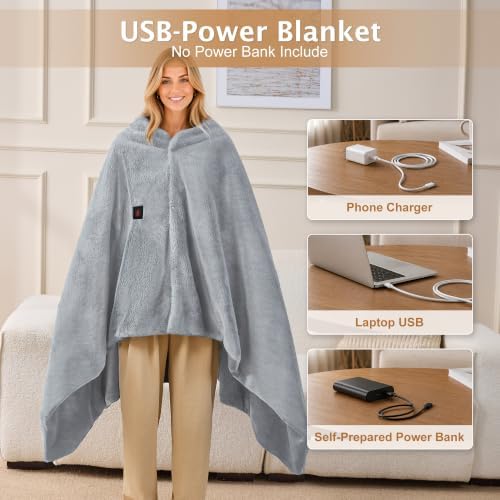 Cordless Faux Rabbit Fur Heated Wearable Blanket Shawl Battery Powered