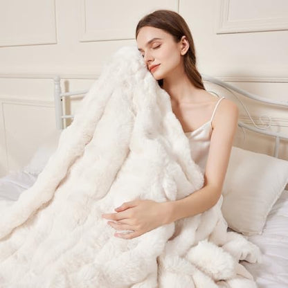 Faux Rabbit Fur Throw Blanket for Couch, Cream White Throw Blankets
